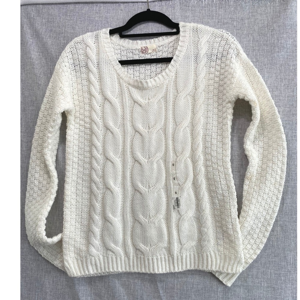 SO Cable Knit Sweater Women S White Scoop Neck Long Sleeve Acrylic New